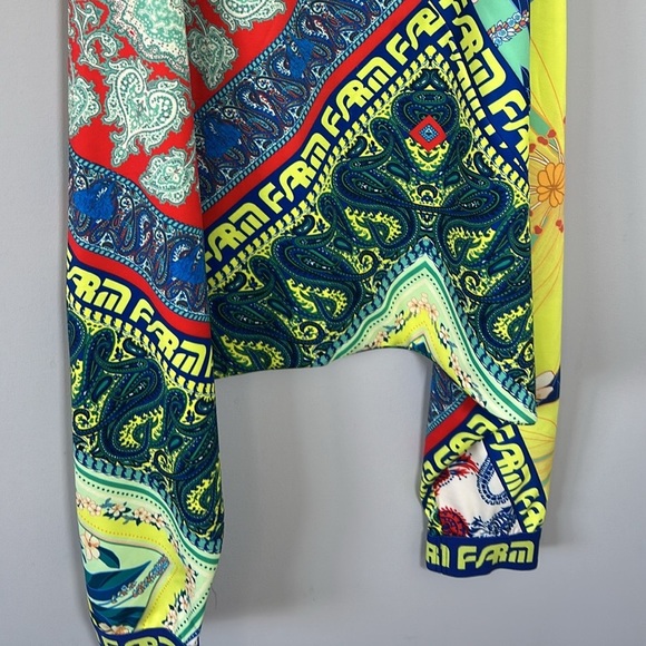 Farm Rio Patchwork Pants Logo Yellow Green Harem Pant Pull On Sz XS NEW - Picture 4 of 11